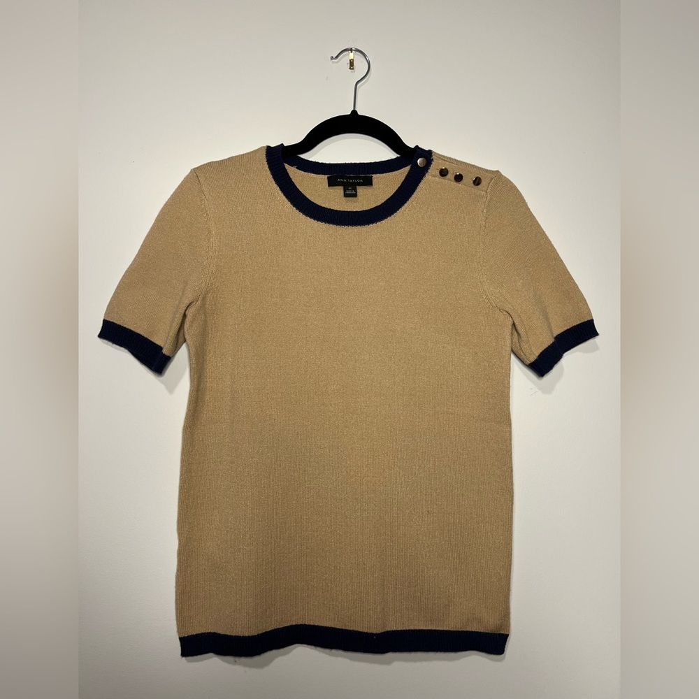 Ann Taylor Tan Short Sleeve Sweater with Navy Trim